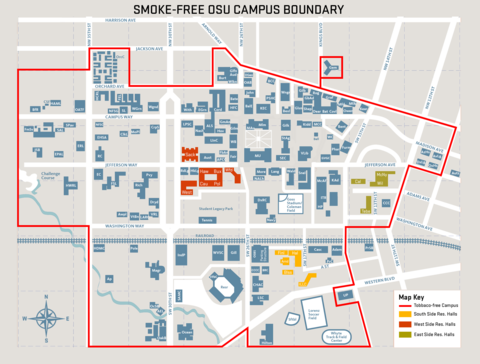 Map showing smoking, vaping and tobacco use are not allowed on all University-owned and controlled property.